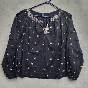 Old Navy Boho Top Women’s Medium Tall ‎ Relaxed Long Sleeve Black Floral Cotton